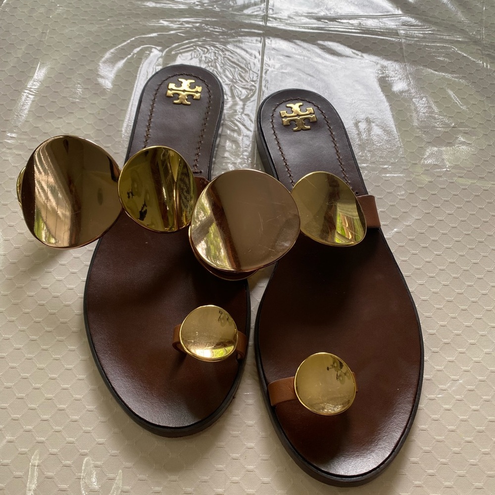 EXCELLENT Tory Burch Patos Multi-Disk Brown and Gold Women's Sandals Size US 9